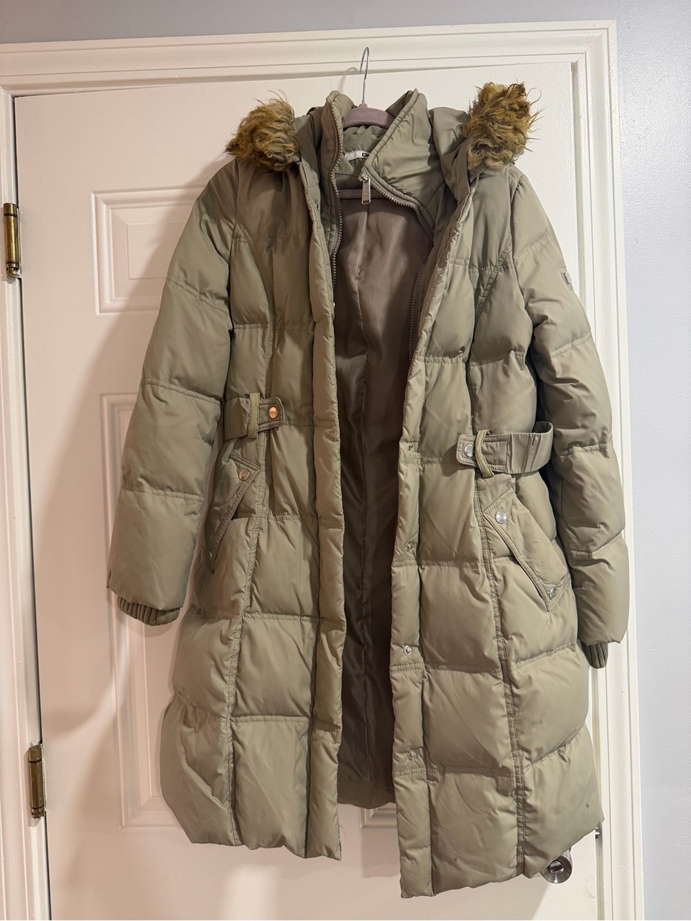 DKNY Long Taupe Puffer Coat with Faux-Fur Trimmed Hood